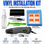 vinyl installation kit with an electric heat gun, two precision squeegees, a finishing squeegee, a precision trimming knife, a spray bottle, a blue microfiber towel, and four alcohol prep pads on a white background with feature icons.