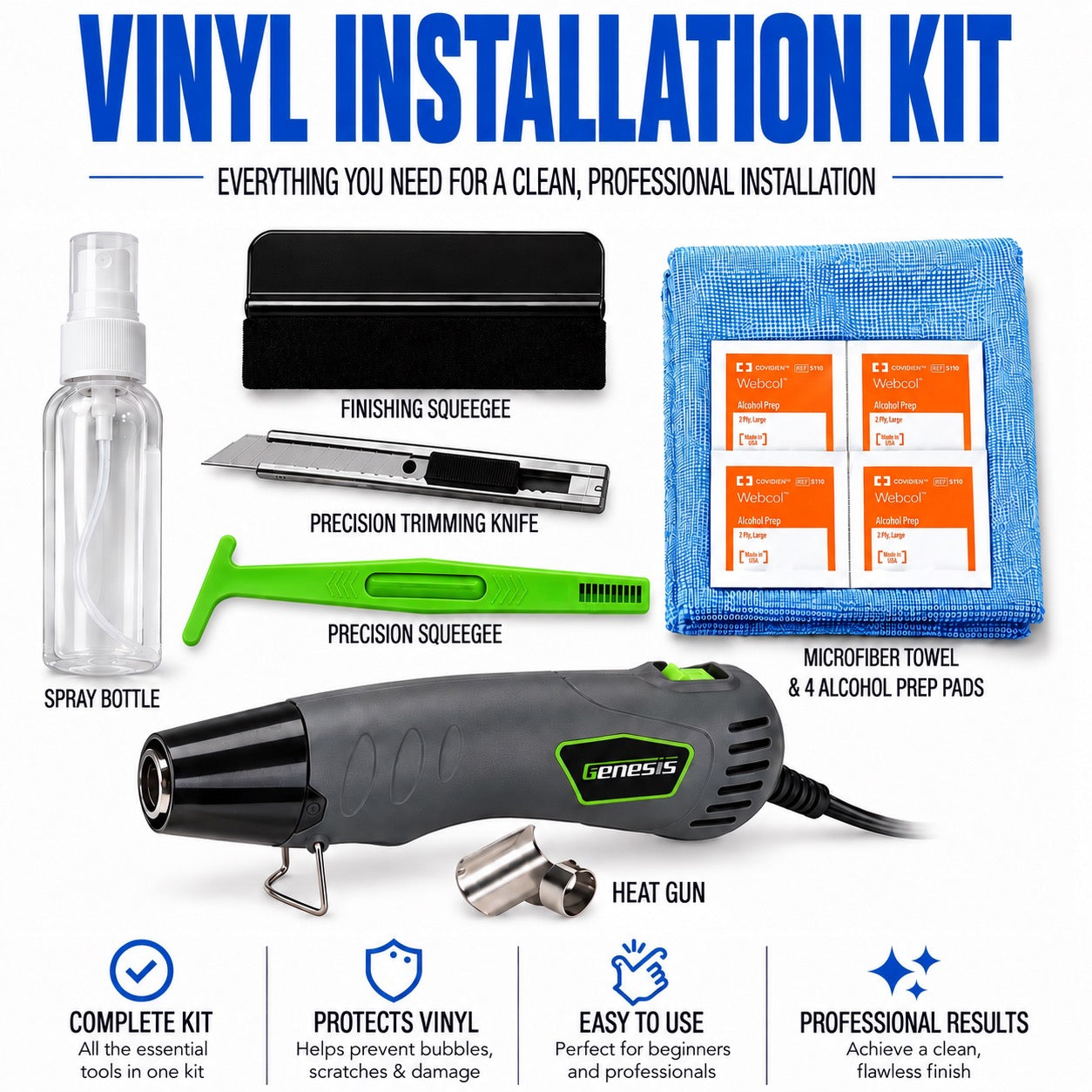 vinyl installation kit with an electric heat gun, two precision squeegees, a finishing squeegee, a precision trimming knife, a spray bottle, a blue microfiber towel, and four alcohol prep pads on a white background with feature icons.