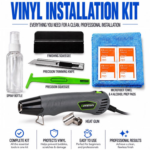 vinyl installation kit with an electric heat gun, two precision squeegees, a finishing squeegee, a precision trimming knife, a spray bottle, a blue microfiber towel, and four alcohol prep pads on a white background with feature icons.